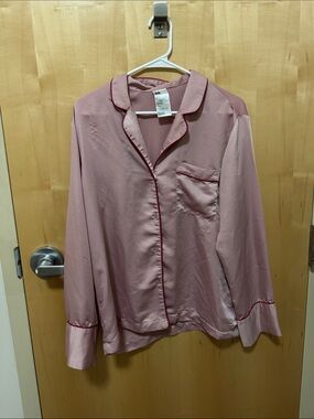 H&M Dusty Pink Satin Pajama Shirt with Wine Piping